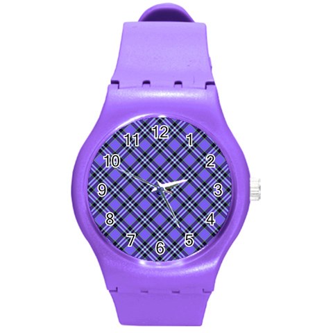 Blue Tartan Plaid 1 Diagonal Round Plastic Sport Watch (M) from ArtsNow.com Front