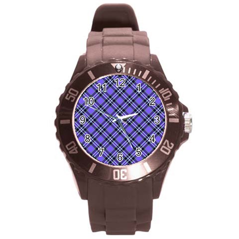 Blue Tartan Plaid 1 Diagonal Round Plastic Sport Watch (L) from ArtsNow.com Front