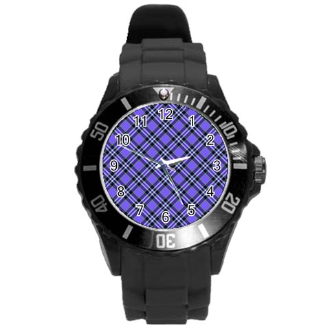 Blue Tartan Plaid 1 Diagonal Round Plastic Sport Watch (L) from ArtsNow.com Front