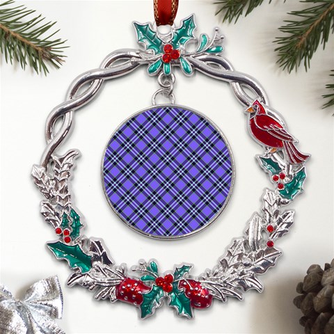 Blue Tartan Plaid 1 Diagonal Metal X mas Wreath Holly leaf Ornament from ArtsNow.com Front