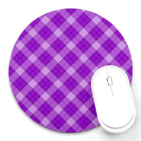 Purple Plaid Tartan 3 Diagonal (2) Round Mousepad from ArtsNow.com Front