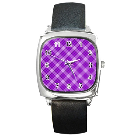 Purple Plaid Tartan 3 Diagonal (2) Square Metal Watch from ArtsNow.com Front