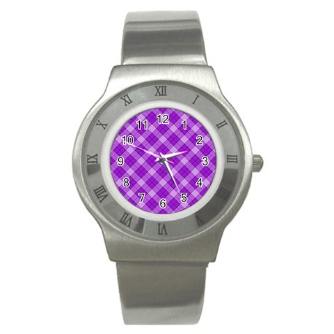 Purple Plaid Tartan 3 Diagonal (2) Stainless Steel Watch from ArtsNow.com Front