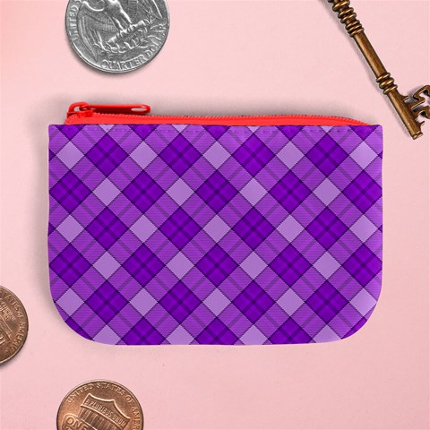 Purple Plaid Tartan 3 Diagonal (2) Mini Coin Purse from ArtsNow.com Front