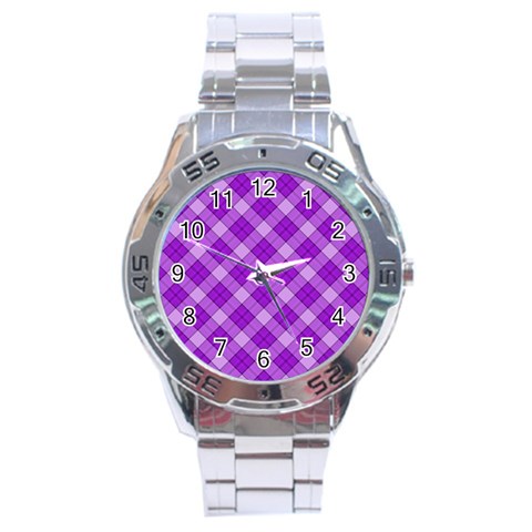 Purple Plaid Tartan 3 Diagonal (2) Stainless Steel Analogue Watch from ArtsNow.com Front