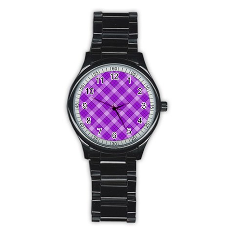 Purple Plaid Tartan 3 Diagonal (2) Stainless Steel Round Watch from ArtsNow.com Front