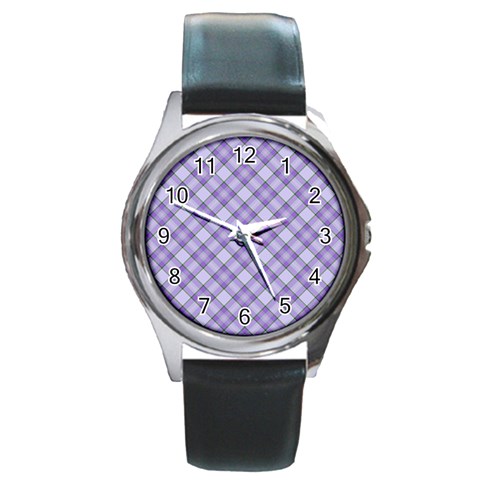 Purple Plaid Tartan 2 Diagonal Round Metal Watch from ArtsNow.com Front