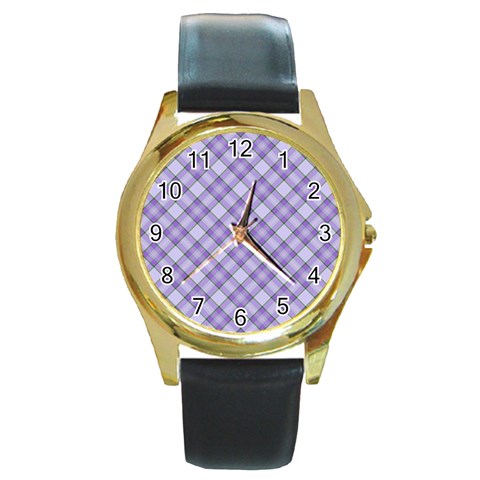 Purple Plaid Tartan 2 Diagonal Round Gold Metal Watch from ArtsNow.com Front