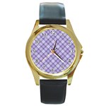 Purple Plaid Tartan 2 Diagonal Round Gold Metal Watch