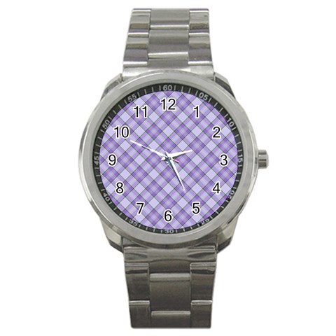 Purple Plaid Tartan 2 Diagonal Sport Metal Watch from ArtsNow.com Front