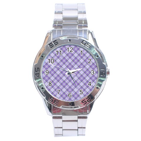 Purple Plaid Tartan 2 Diagonal Stainless Steel Analogue Watch from ArtsNow.com Front