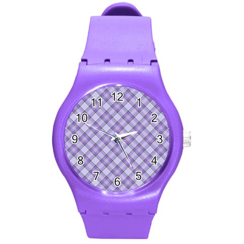 Purple Plaid Tartan 2 Diagonal Round Plastic Sport Watch (M) from ArtsNow.com Front