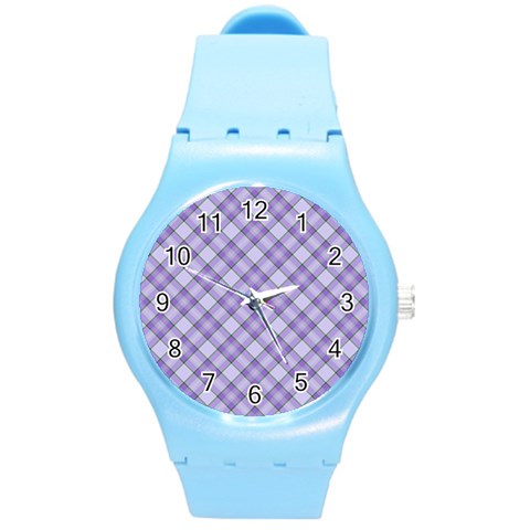 Purple Plaid Tartan 2 Diagonal Round Plastic Sport Watch (M) from ArtsNow.com Front