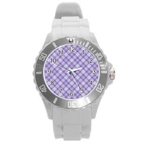 Purple Plaid Tartan 2 Diagonal Round Plastic Sport Watch (L) from ArtsNow.com Front