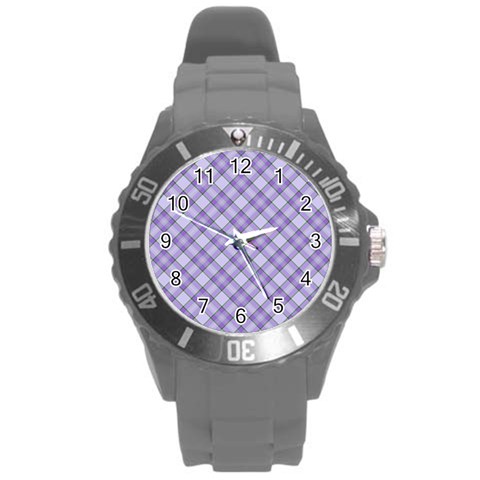 Purple Plaid Tartan 2 Diagonal Round Plastic Sport Watch (L) from ArtsNow.com Front