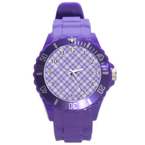 Purple Plaid Tartan 2 Diagonal Round Plastic Sport Watch (L) from ArtsNow.com Front