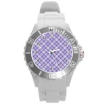 Purple Plaid Tartan 2 Diagonal Round Plastic Sport Watch (L)