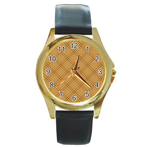 Autumn Fall Plaid Tartan 1 Diagonal Round Gold Metal Watch from ArtsNow.com Front