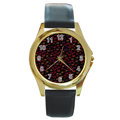 Pattern Ha Ha Ha  Abstract Black Dark Doodle Hahaha Pattern Physco Round Gold Metal Watch from ArtsNow.com Front