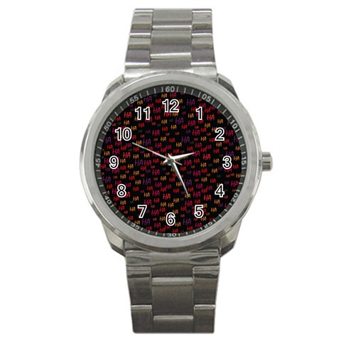 Pattern Ha Ha Ha  Abstract Black Dark Doodle Hahaha Pattern Physco Sport Metal Watch from ArtsNow.com Front