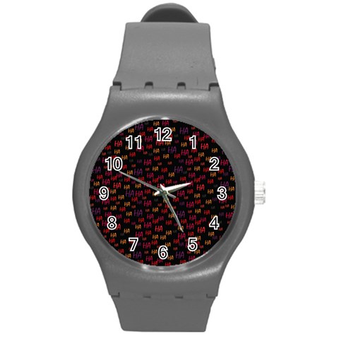 Pattern Ha Ha Ha  Abstract Black Dark Doodle Hahaha Pattern Physco Round Plastic Sport Watch (M) from ArtsNow.com Front