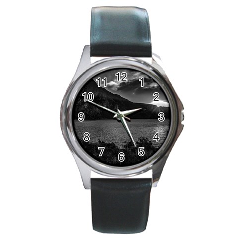 Nahuel huapi lake and andes range mountains landscape, bariloche, argentina Round Metal Watch from ArtsNow.com Front