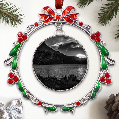 Nahuel huapi lake and andes range mountains landscape, bariloche, argentina Metal X mas Wreath Ribbon Ornament from ArtsNow.com Front