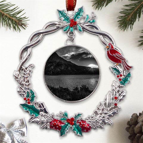 Nahuel huapi lake and andes range mountains landscape, bariloche, argentina Metal X mas Wreath Holly leaf Ornament from ArtsNow.com Front