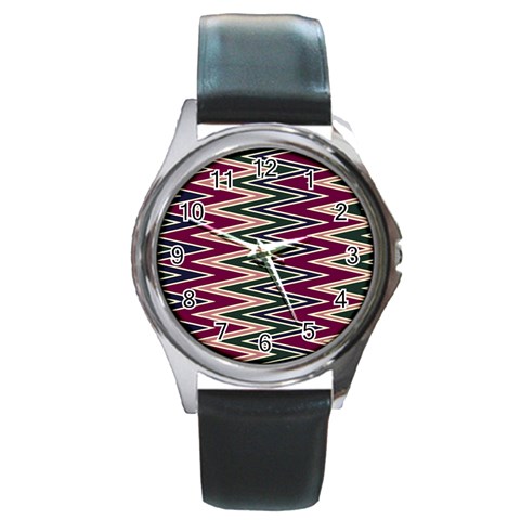 Pattern Zigzag Stripe Design Round Metal Watch from ArtsNow.com Front