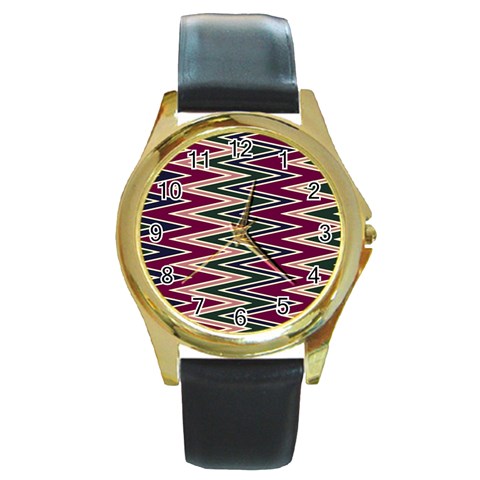 Pattern Zigzag Stripe Design Round Gold Metal Watch from ArtsNow.com Front