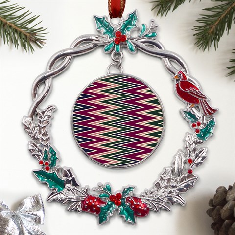 Pattern Zigzag Stripe Design Metal X mas Wreath Holly leaf Ornament from ArtsNow.com Front