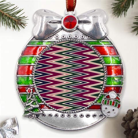 Pattern Zigzag Stripe Design Metal X Mas Ribbon With Red Crystal Round Ornament from ArtsNow.com Front