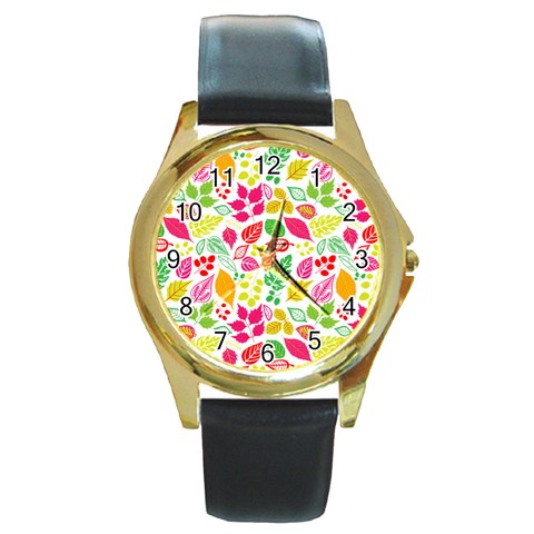 Leaves Pattern Seamless Texture Round Gold Metal Watch from ArtsNow.com Front