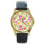 Leaves Pattern Seamless Texture Round Gold Metal Watch