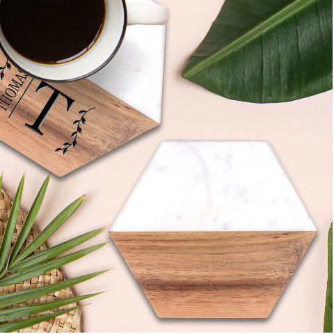 Leaves Pattern Seamless Texture Marble Wood Coaster (Hexagon)  from ArtsNow.com Front