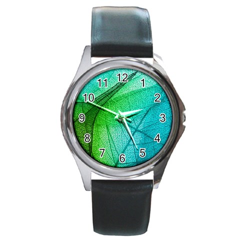 Texture Green Leaf Abstraction 3d Round Metal Watch from ArtsNow.com Front