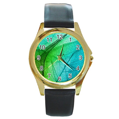 Texture Green Leaf Abstraction 3d Round Gold Metal Watch from ArtsNow.com Front