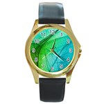 Texture Green Leaf Abstraction 3d Round Gold Metal Watch