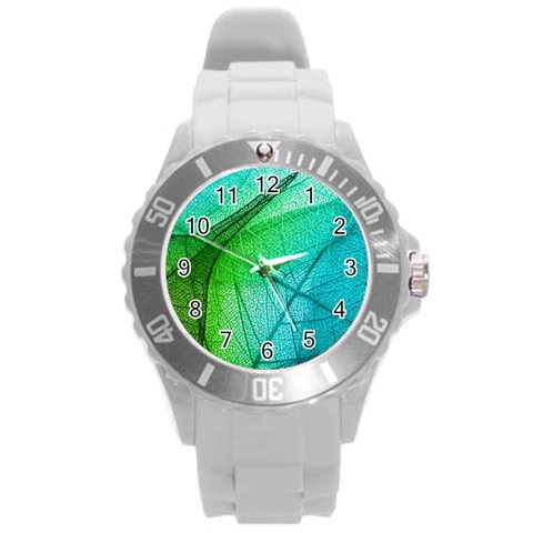 Texture Green Leaf Abstraction 3d Round Plastic Sport Watch (L) from ArtsNow.com Front