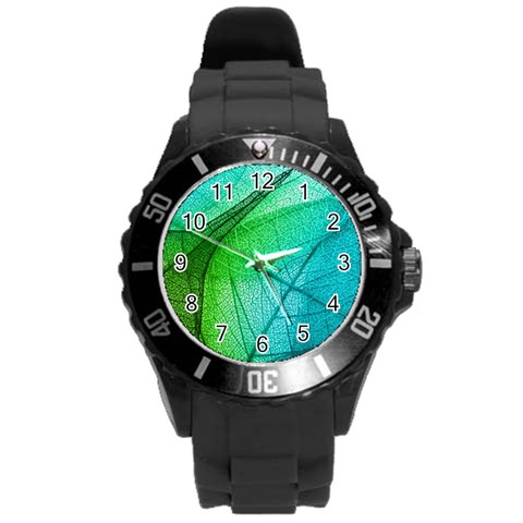 Texture Green Leaf Abstraction 3d Round Plastic Sport Watch (L) from ArtsNow.com Front