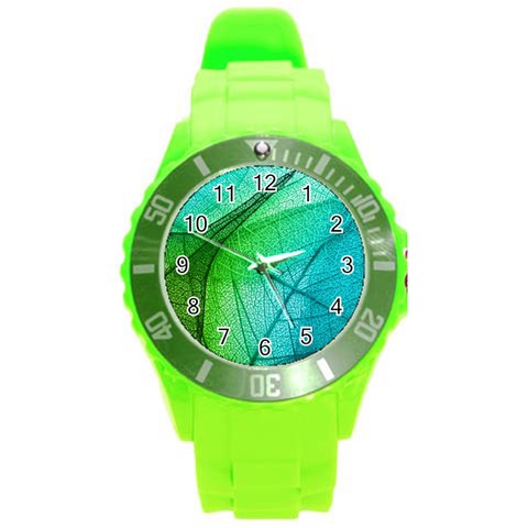 Texture Green Leaf Abstraction 3d Round Plastic Sport Watch (L) from ArtsNow.com Front