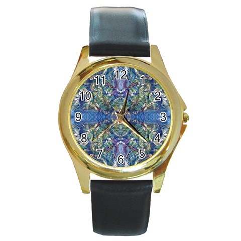 Blue arabesque Round Gold Metal Watch from ArtsNow.com Front