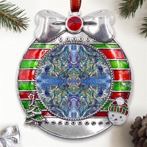 Blue arabesque Metal X Mas Ribbon With Red Crystal Round Ornament from ArtsNow.com Front