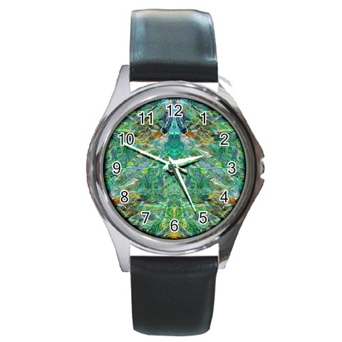 Green Repeats I Round Metal Watch from ArtsNow.com Front