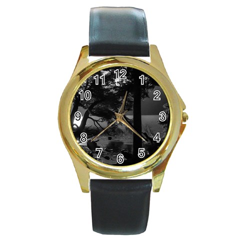 Los Alerces National Park Waterfront Landscape, Argentina002 Round Gold Metal Watch from ArtsNow.com Front