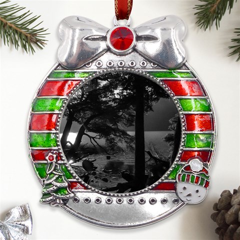 Los Alerces National Park Waterfront Landscape, Argentina002 Metal X Mas Ribbon With Red Crystal Round Ornament from ArtsNow.com Front