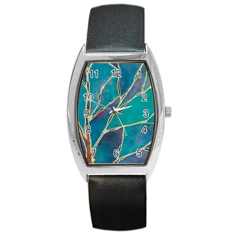 Aqua Batik, Abstract, Colorful Barrel Style Metal Watch from ArtsNow.com Front