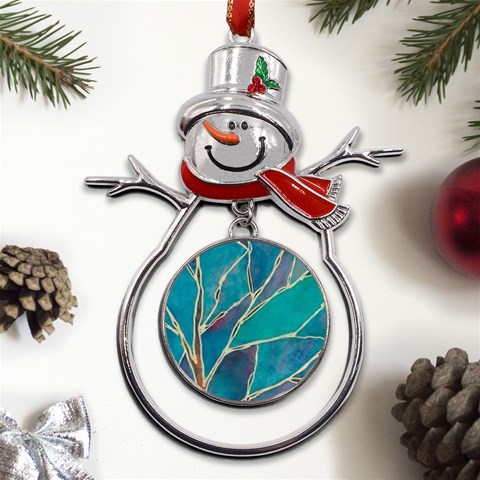 Aqua Batik, Abstract, Colorful Metal Snowman Ornament from ArtsNow.com Front