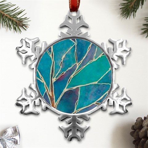 Aqua Batik, Abstract, Colorful Metal Small Snowflake Ornament from ArtsNow.com Front