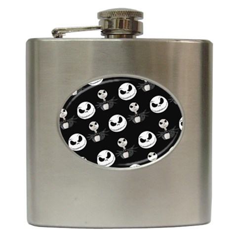 Jack Print, White, Before, Plain, Black, Simple, Christmas Hip Flask (6 oz) from ArtsNow.com Front